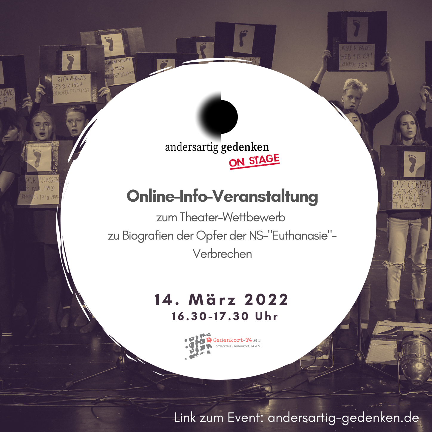 Online-Info-Veranstaltung zum Theaterwettbewerb andersartig gedenken on stage, am 14.03.2022 um 16.30 Uhr, Text auf Bild mit Bühne und Schüler*innen